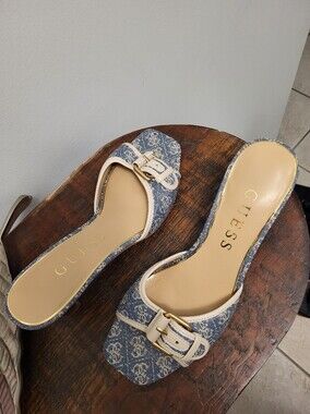 GUESS Denim-Print Blue and Beige Buckle Kitten Heel Mule